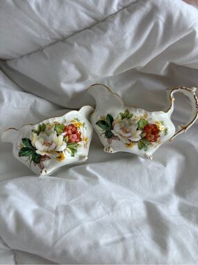 Hammersley & Co English Bone China Red White Green Floral Creamer and Sugar Set